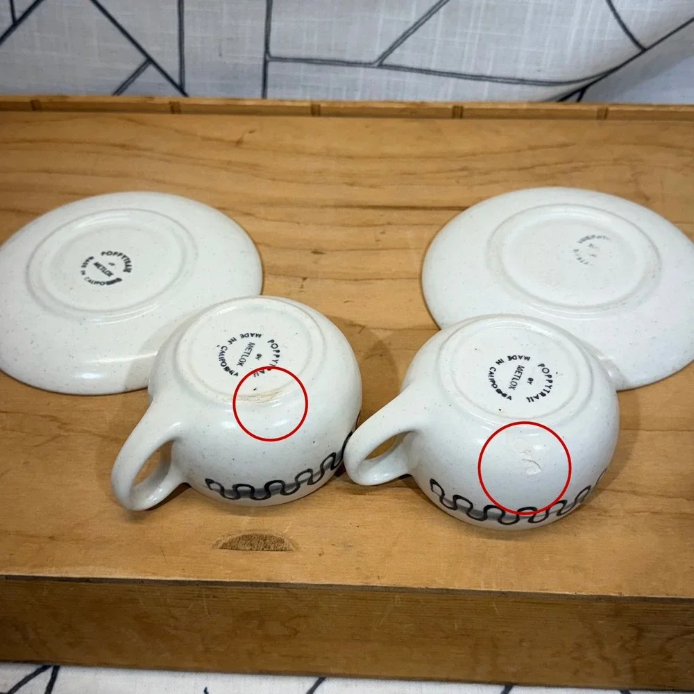 Vintage Poppytrail by Metlox Blue Wavy Squiggle Cup and Saucer Set of 2‎ CHIPPED